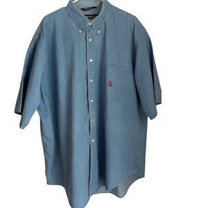 Nautica XL Button Down Shirt Short Sleeve Blue Chambray Sailboat‎ Logo Note!